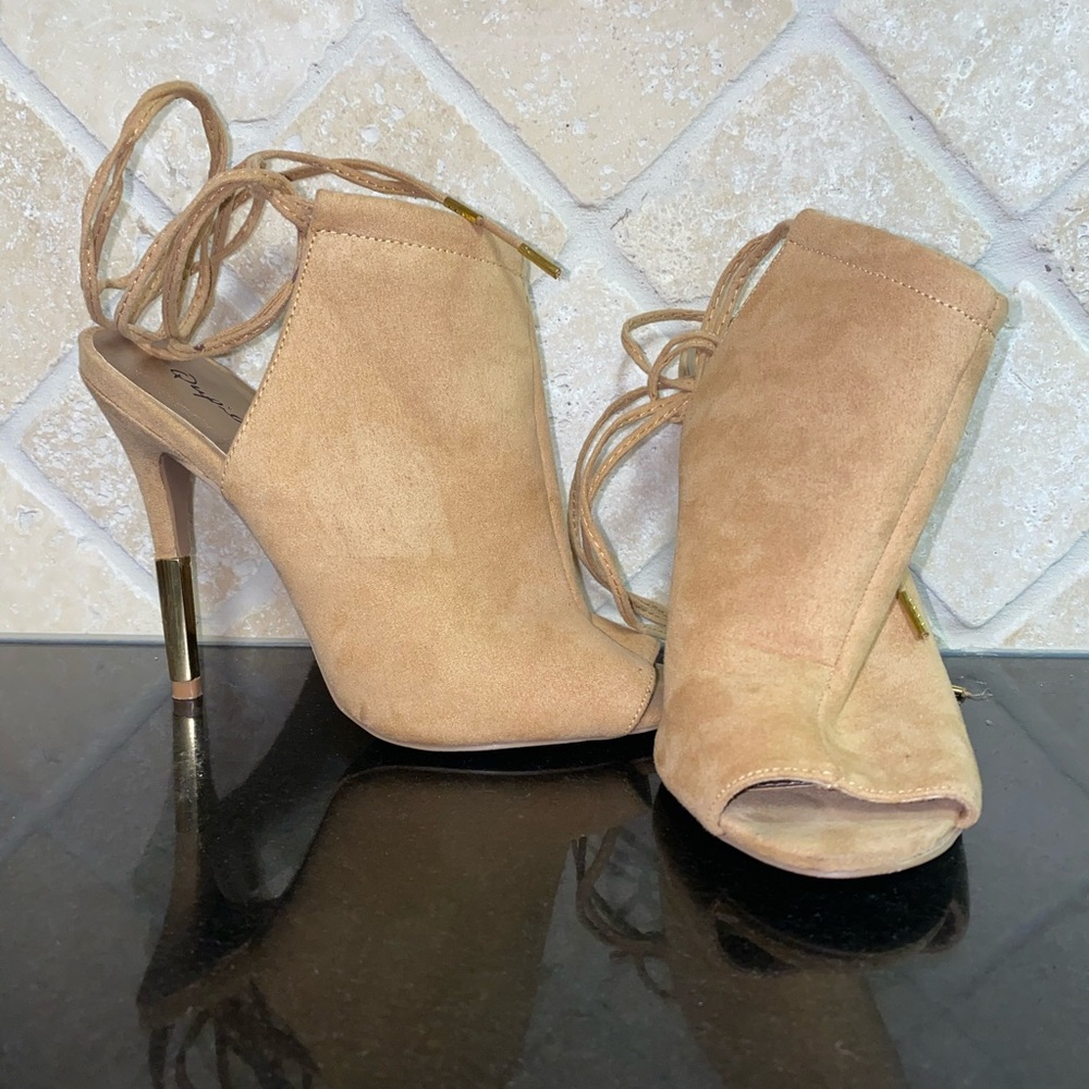 Tan/Nude Suede Qupid Ankle Wrap Heels
